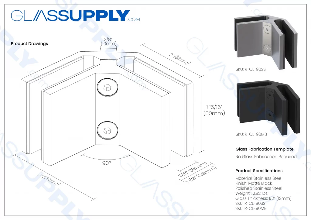 90° Square Glass-to-Glass Railing Clamp