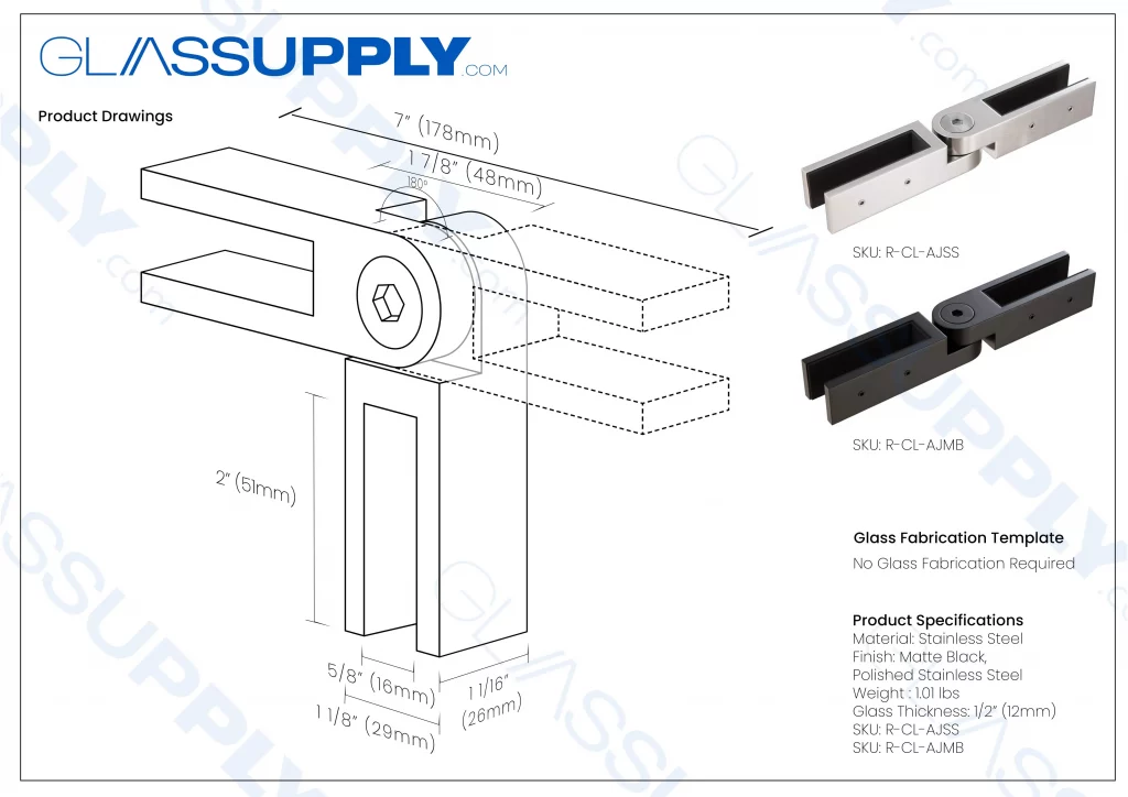 Adjustable Square Glass-to-Glass Railing Clamp