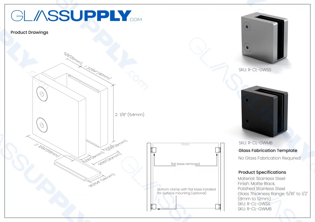 Square Glass to Wall Railing Clamp