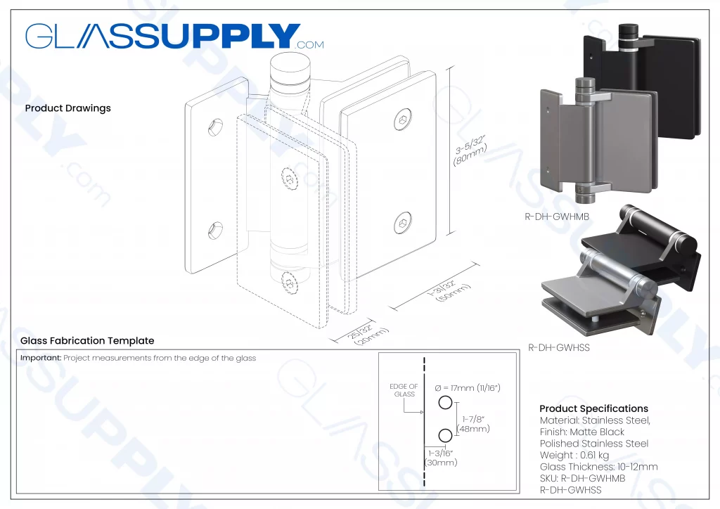 Spring Loaded Glass-to-Wall Door Hinge for Frameless Glass Railing