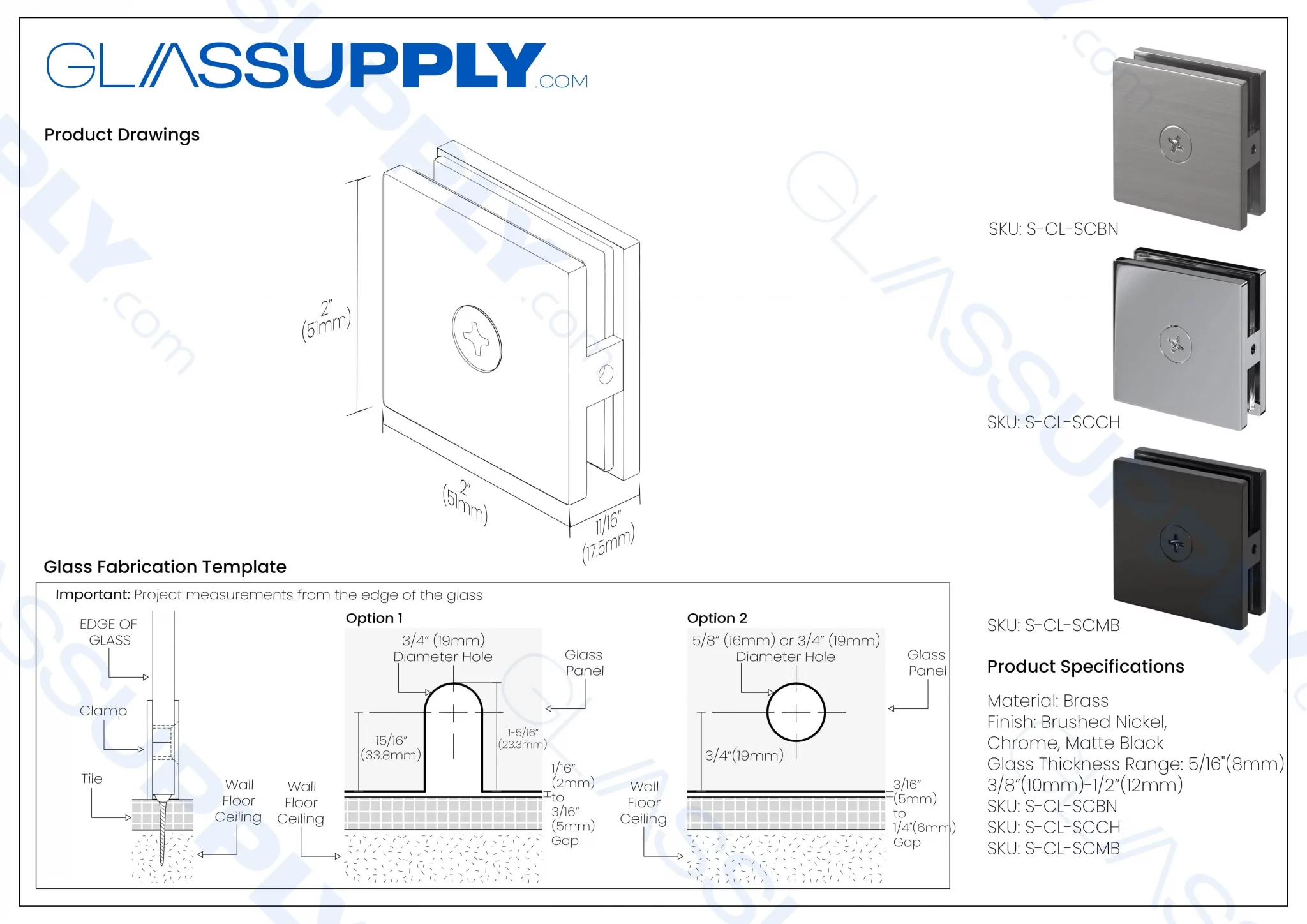 Square Glass to Wall Clamp