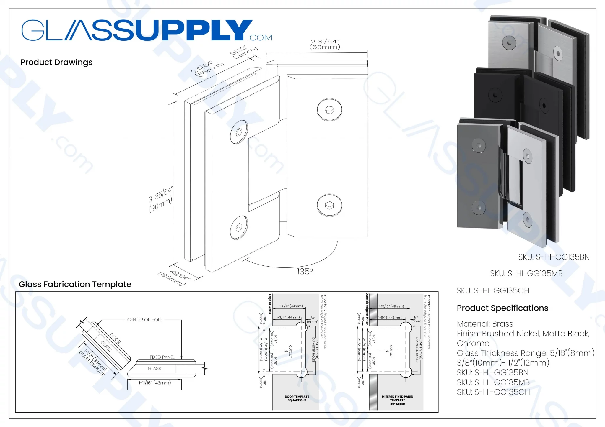 135° Glass-to-Glass Regular Hinge - Square Series #2