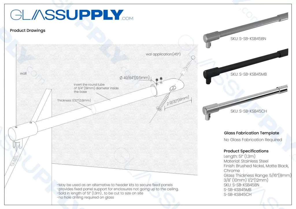 45° Wall Mount Support Bar