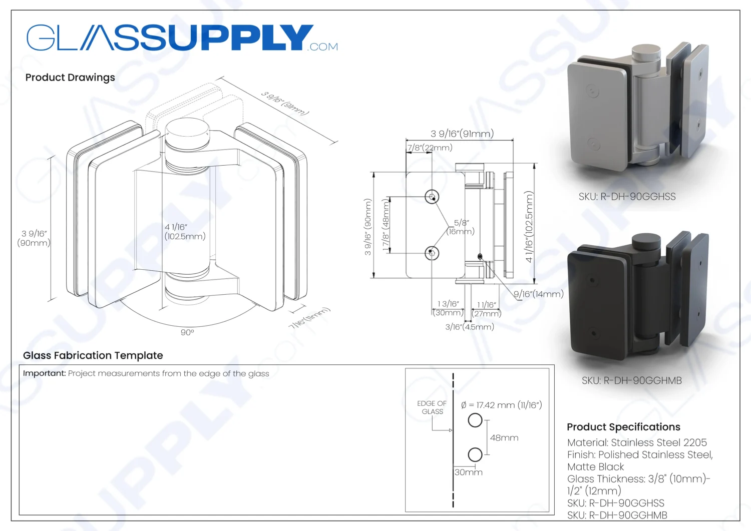 90-Degree Glass-to-Glass Door Hinge for Frameless Glass Railing