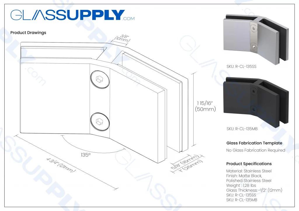 135° Square Glass-to-Glass Railing Clamp