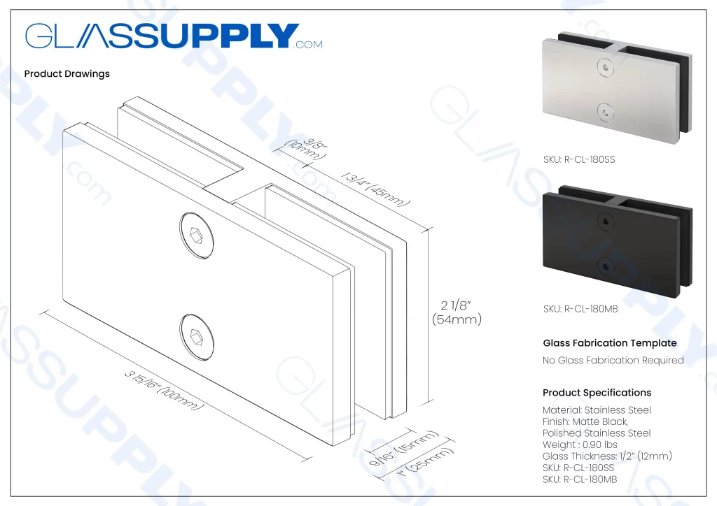 180° Square Glass-to-Glass Railing Clamp