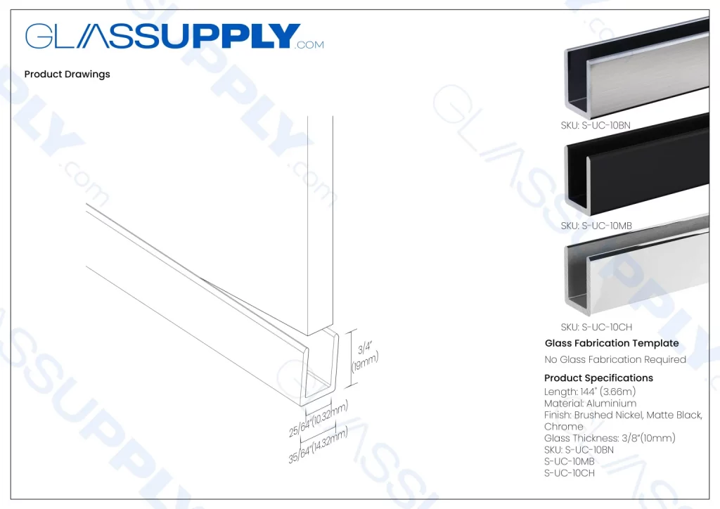 GS U-Channel for 3/8'' (10mm) or 1/2" (12mm) Glass